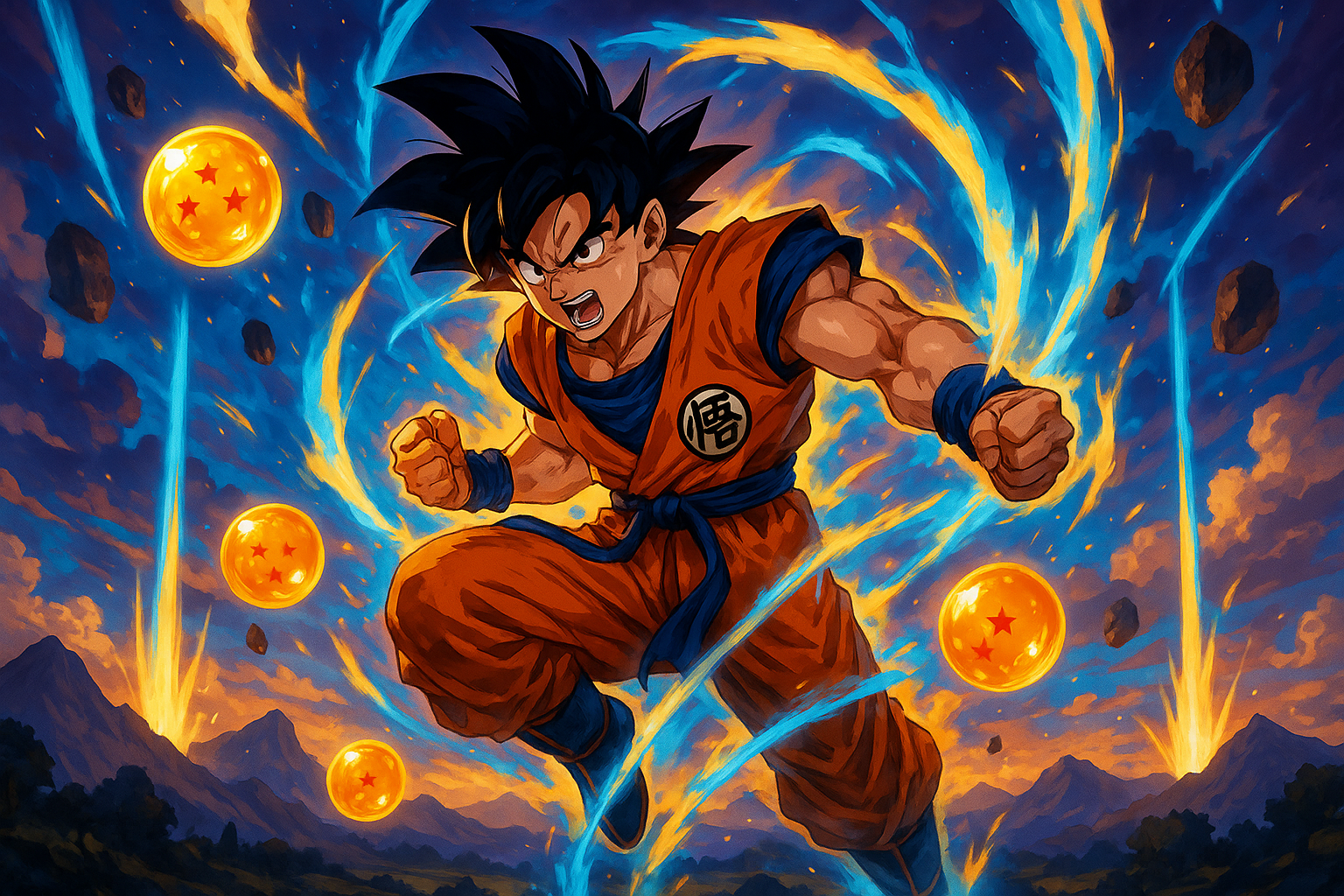 "Create a vibrant and dynamic anime-inspired scene featuring characters and elements from the Anime universe. The image should be colorful, energetic, and capture the essence of adventure and excitement. Include iconic characters like Goku in action poses, with a background that reflects a powerful and inspiring atmosphere. The style should be modern anime with bold colors and a touch of fantasy."